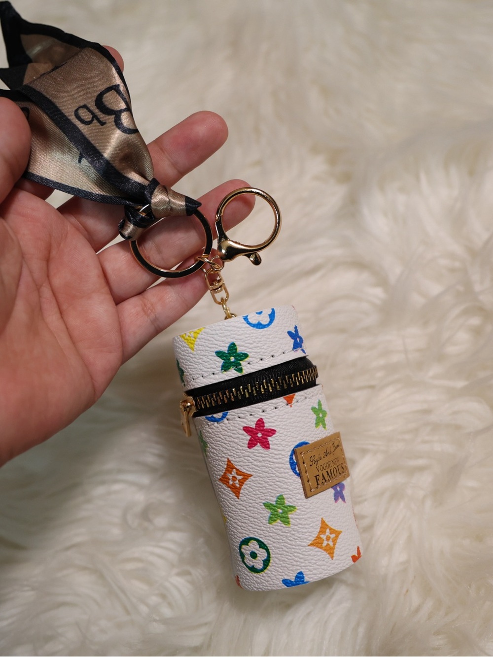 White Multicolor Monogram Mini Pouch Keychain